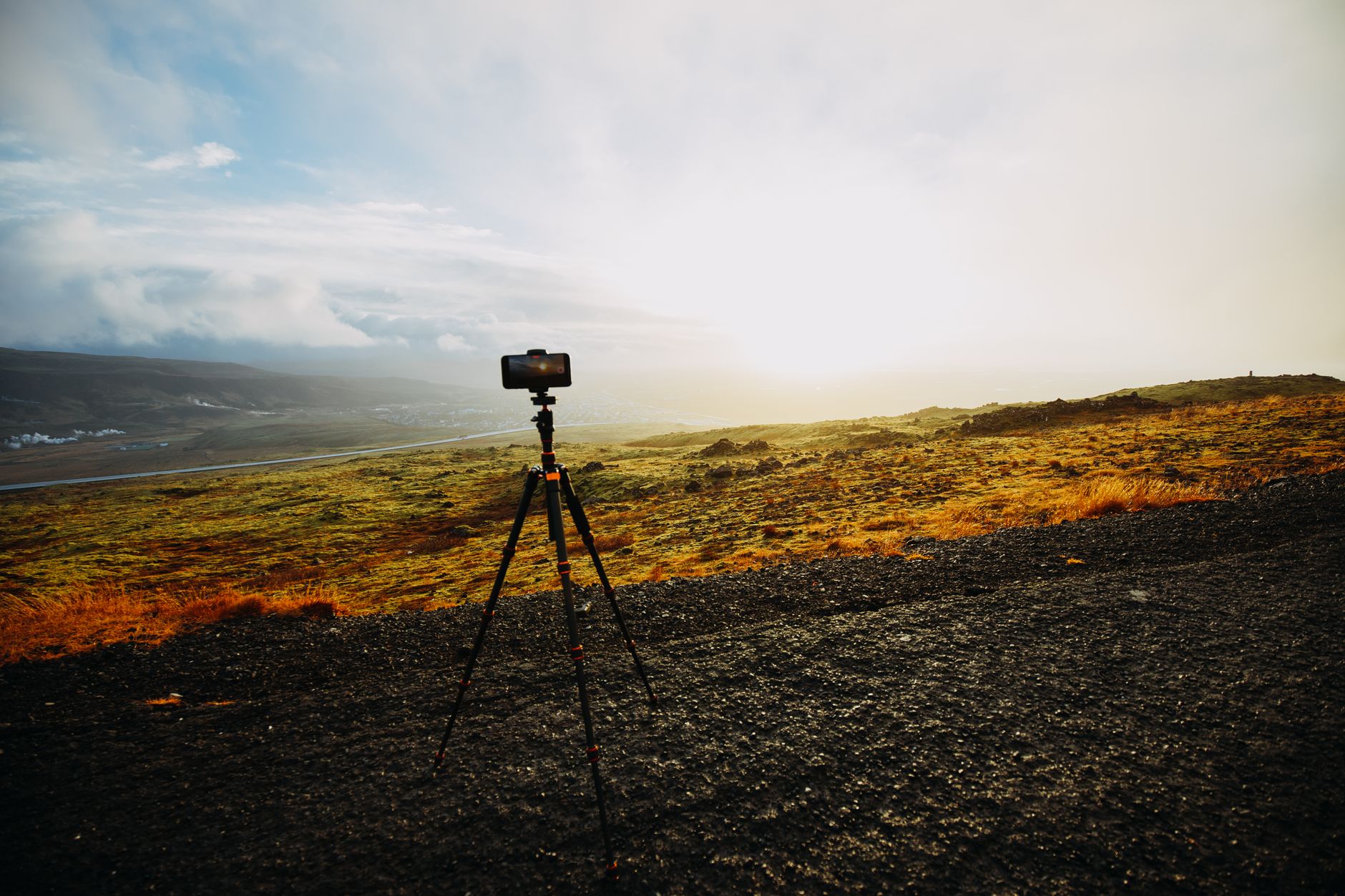 Architectural photography equipment in scenic valley